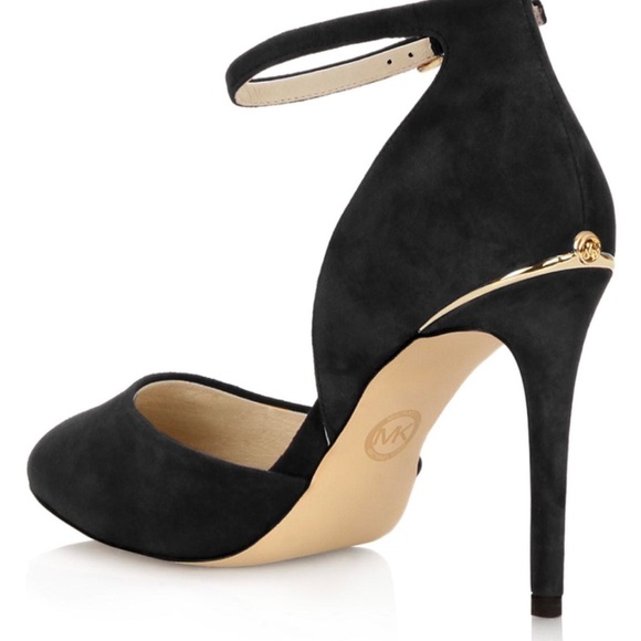Michael Kors Georgia Black Suede Ankle Strap High Heels Gold Accent Size 6.5 - Picture 2 of 10